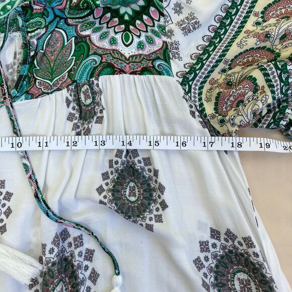 Umgee Sz M Boho Shift Mini Dress Bell Sleeves Tassel Tie Green Paisley Print - Picture 15 of 16